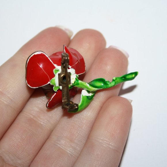 Beautiful red and green vintage flower brooch 1.5" - Picture 2 of 4